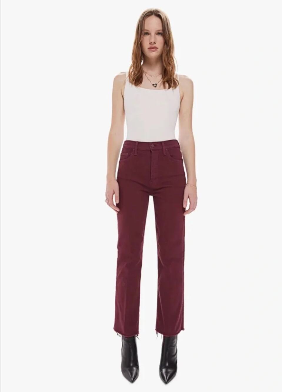 MOTHER Tripper Ankle Fray Jean 24 00 Burgundy Red Straight Crop Bootcut Prep